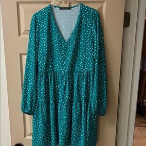 FANCYINN Teal White Polka Dot V-Neck Tiered Long Sleeve Dress